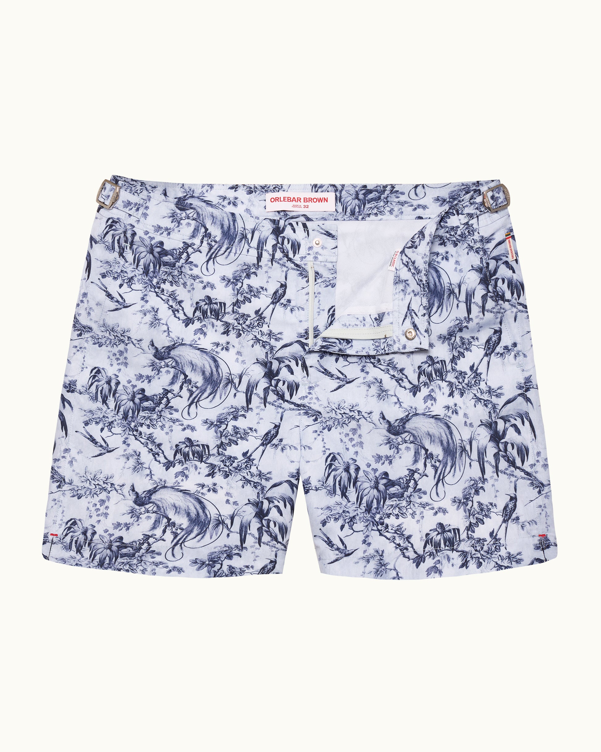 Shorts with a blue animal pattern on a white background