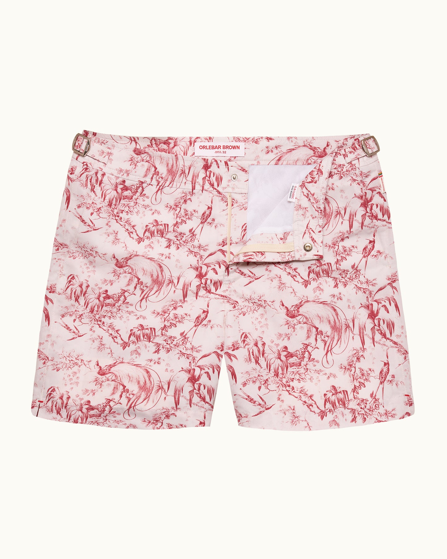 Shorts with a red and white pattern on a white background