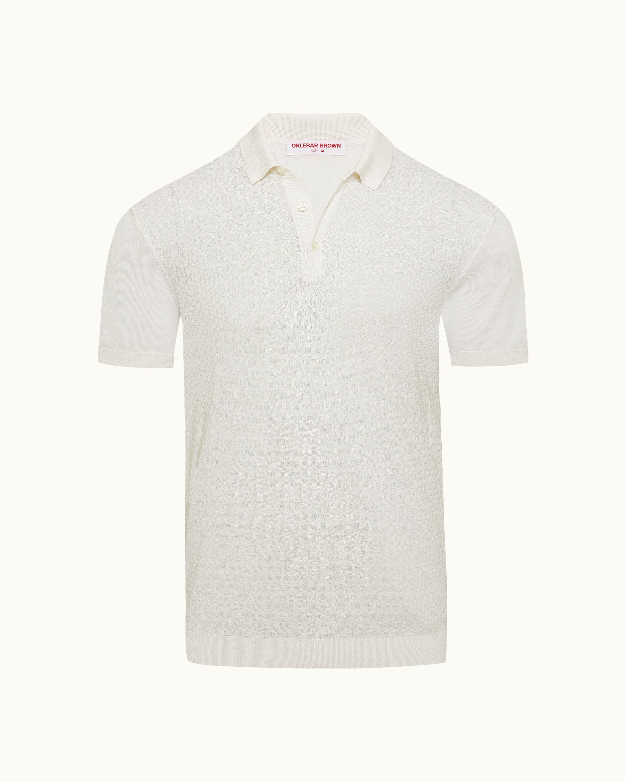 Burnham Silk - Tailored Fit Lattice Knit Silk Cotton Polo Shirt in White Sand Front View