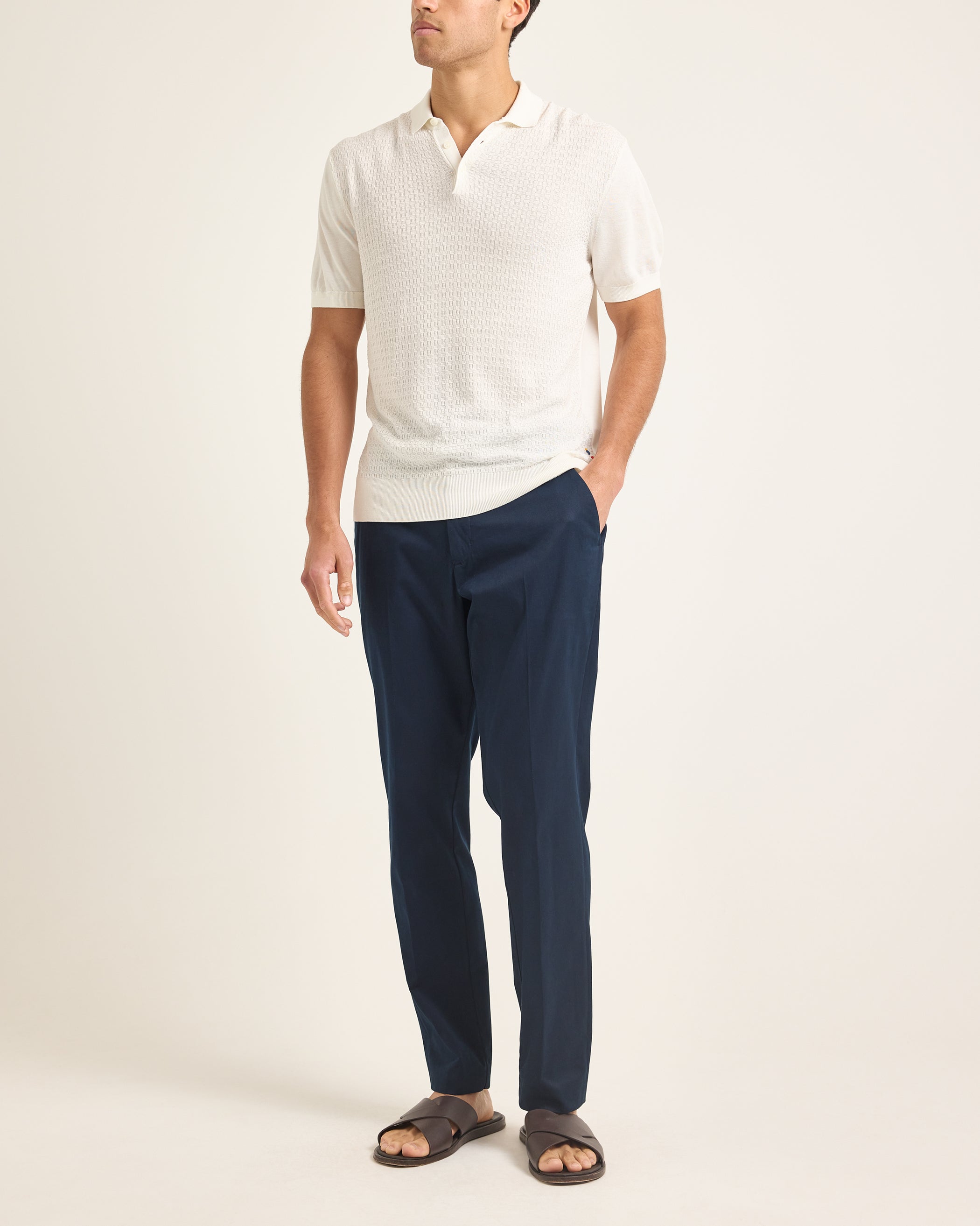 Burnham Silk - Tailored Fit Lattice Knit Silk Cotton Polo Shirt in White Sand Model Front View