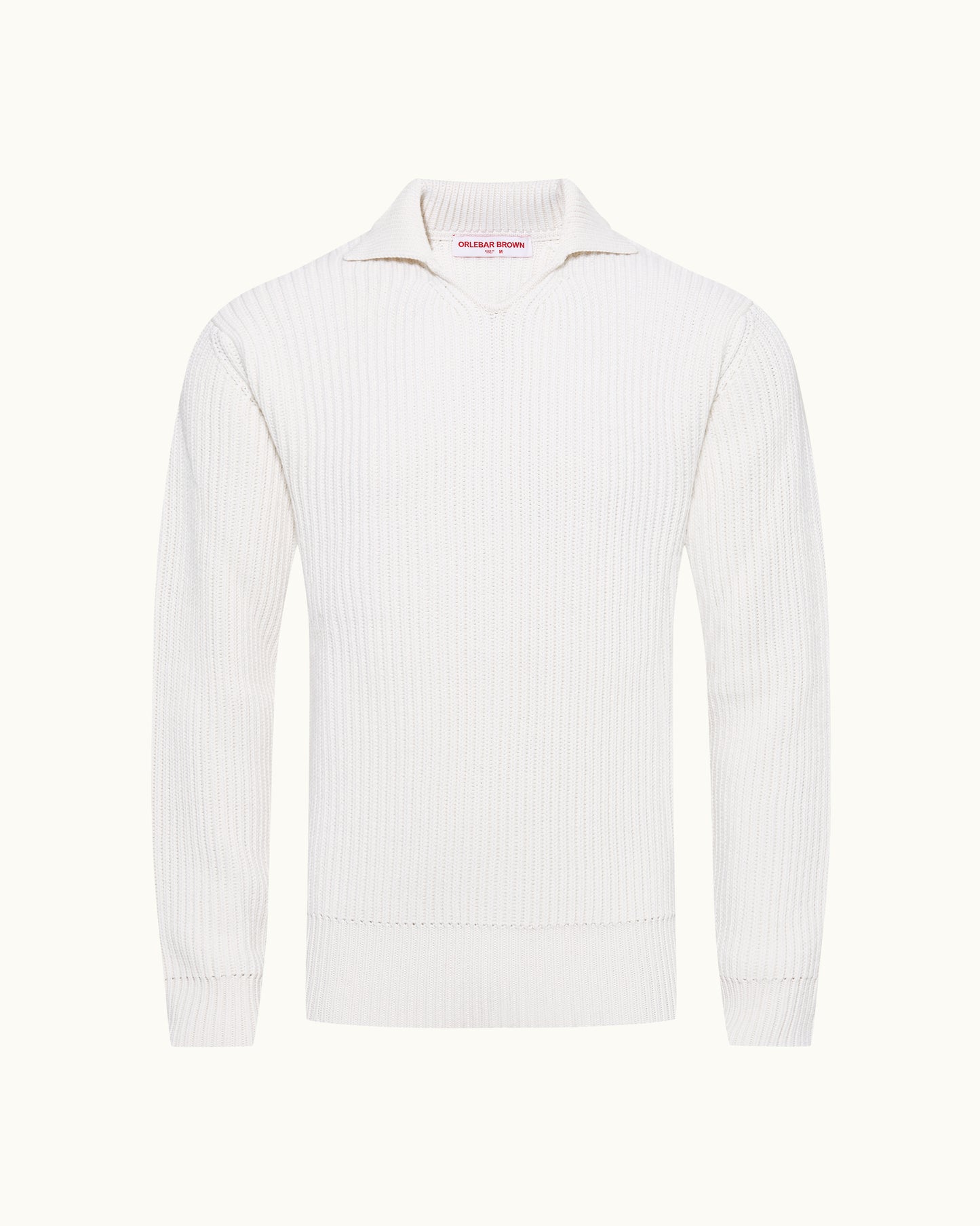 A white ribbed knit sweater with a folded collar, displayed on a clean off-white background.
