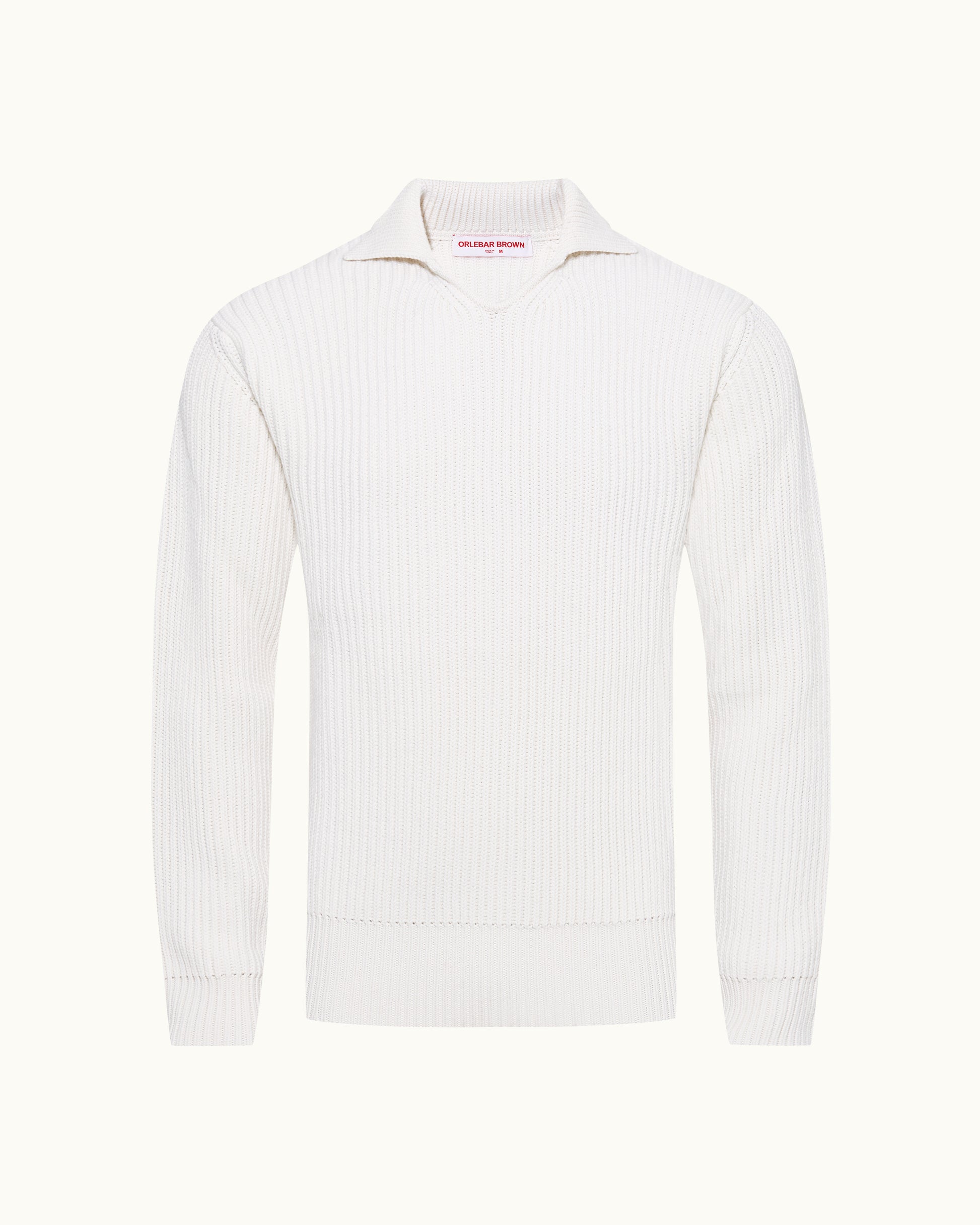 A white ribbed knit sweater with a folded collar, displayed on a clean off-white background.
