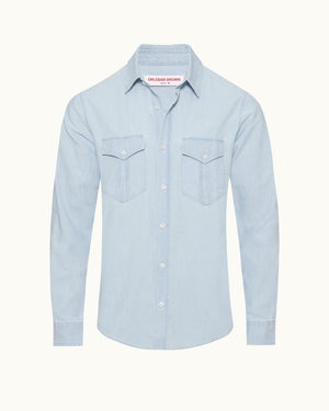 Colburn - Tailored Fit Classic Collar Long-Sleeve Cotton Chambray Shirt in Wave Blue Front