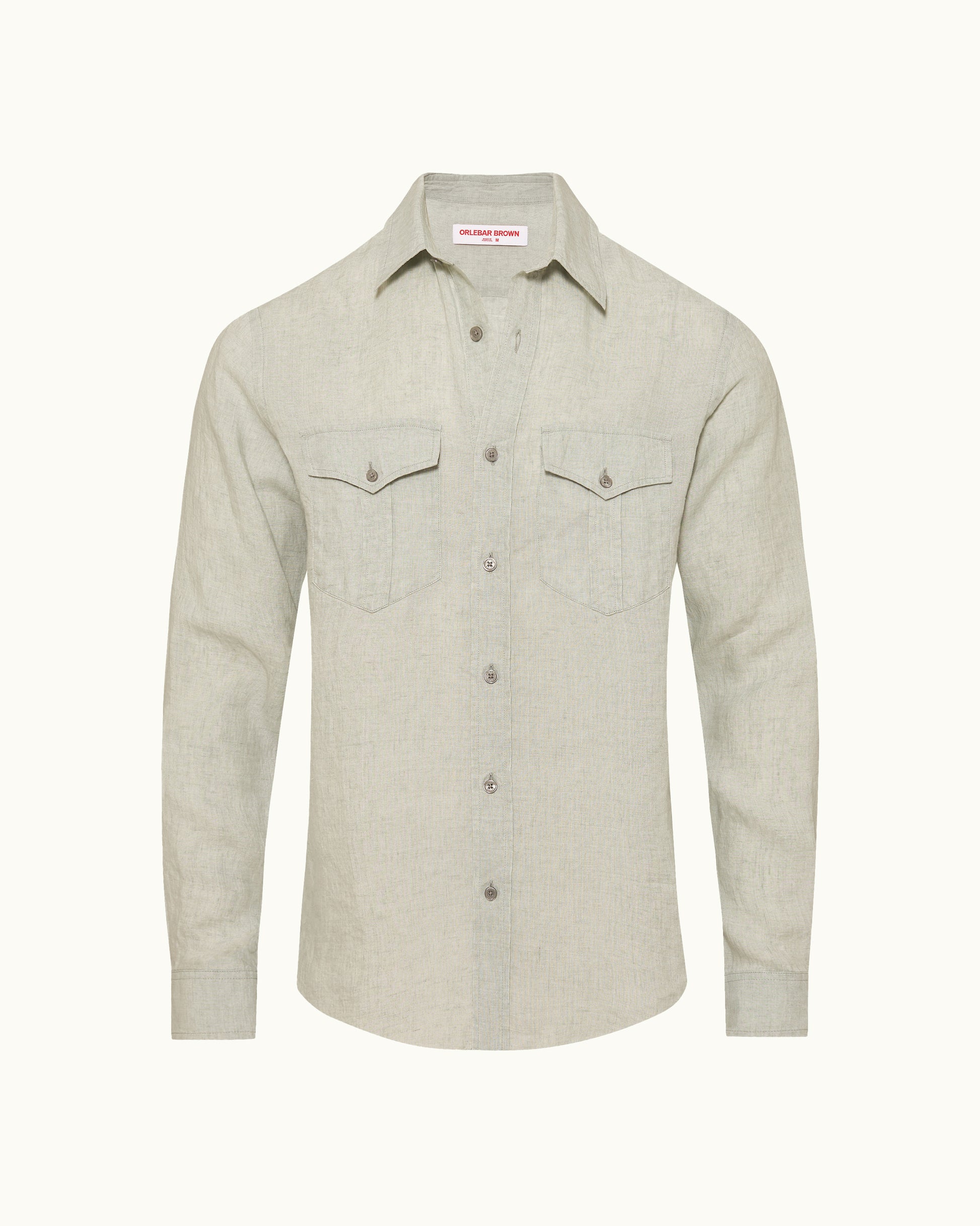 Light gray button-up shirt with two chest pockets on a white background