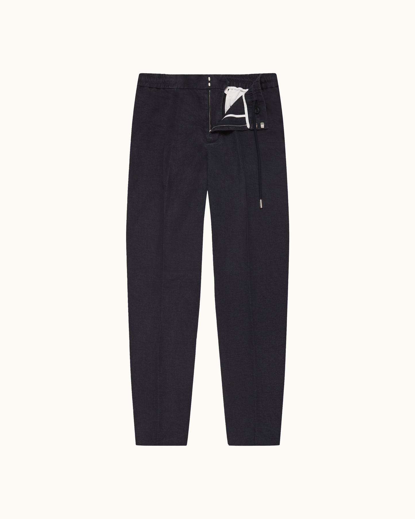Black pants with a white label on a white background