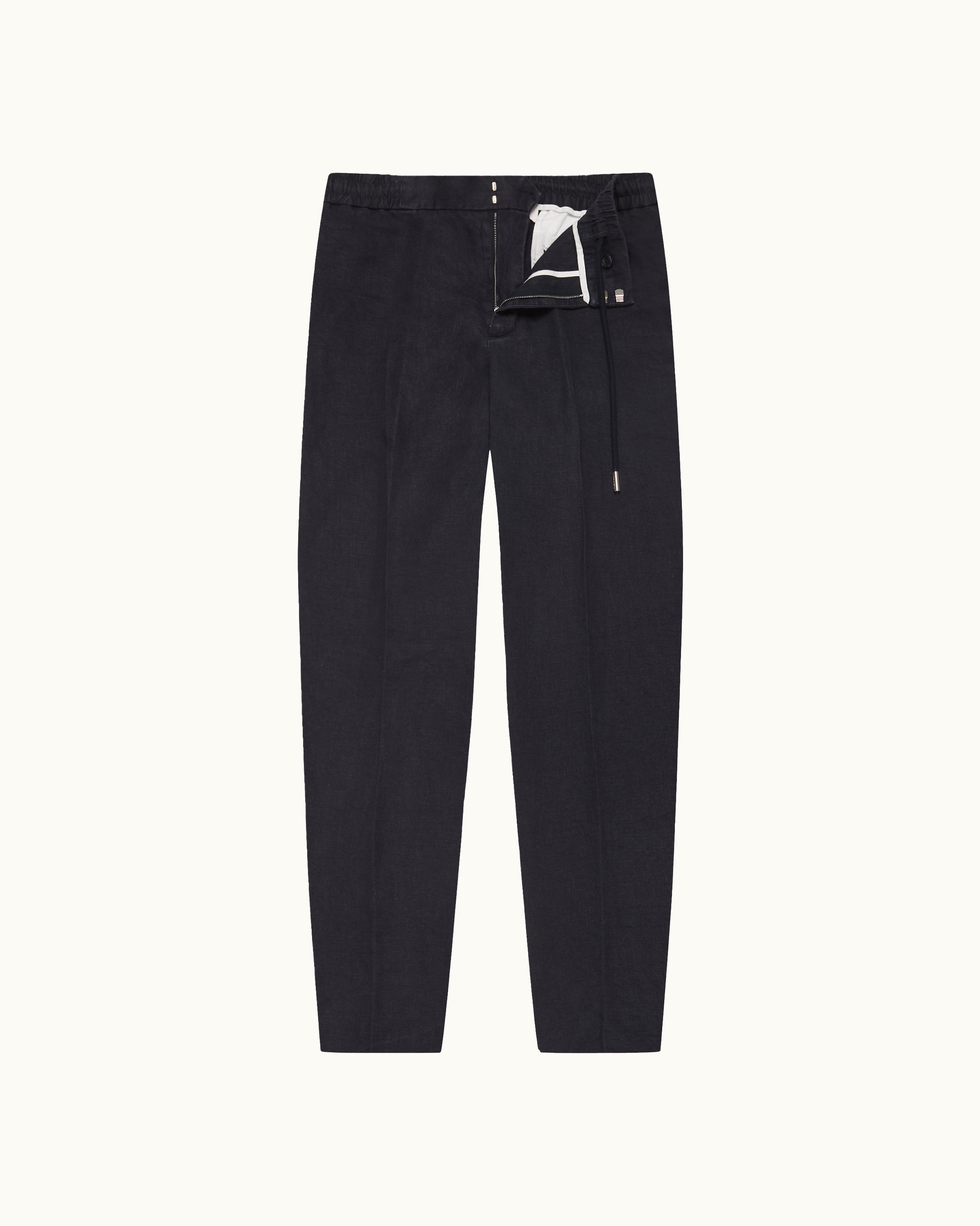 Black pants with a white label on a white background