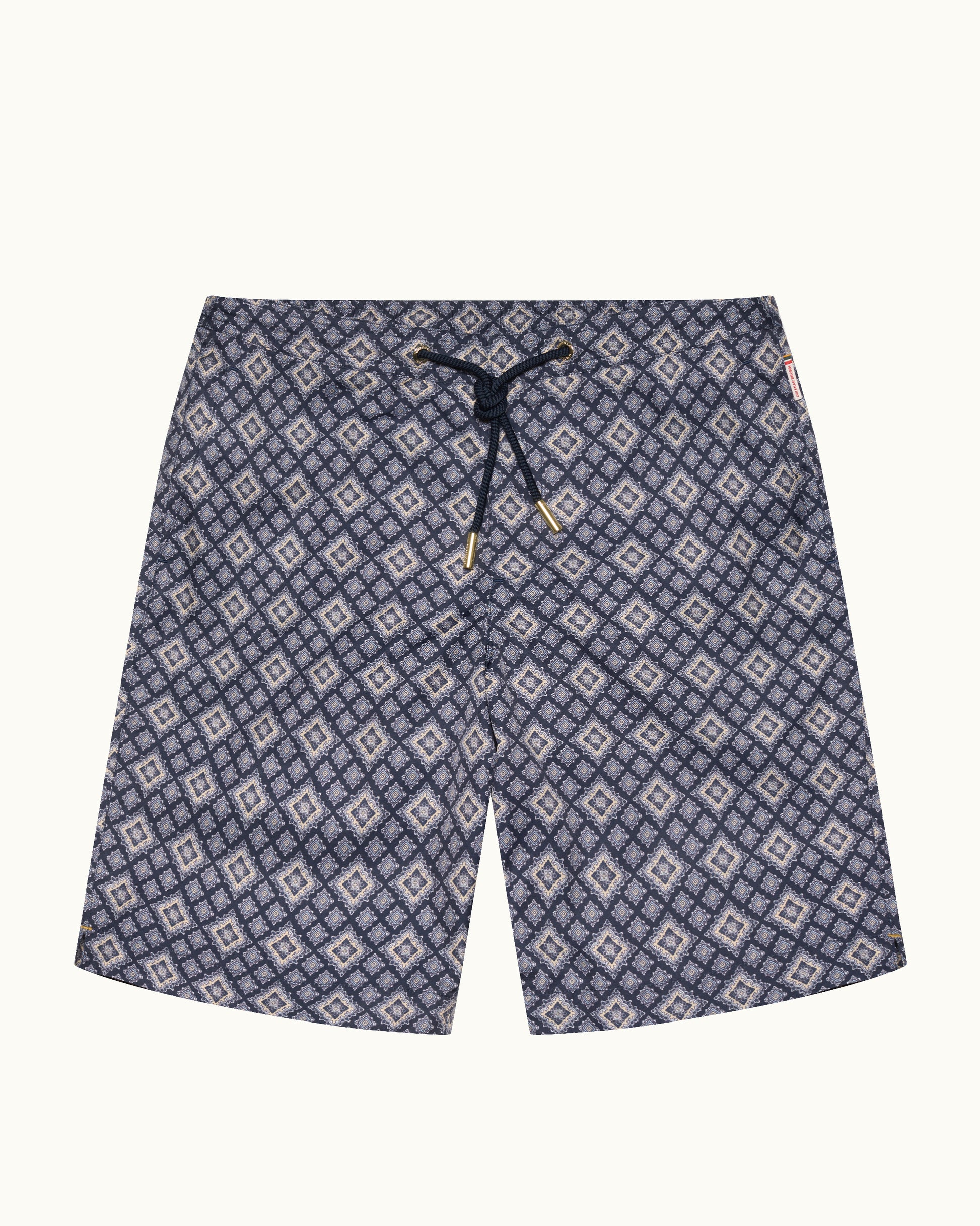 Dane Drawcord - Longest-Length Paisley Season Print Drawcord Swim Shorts In Night Iris Front View