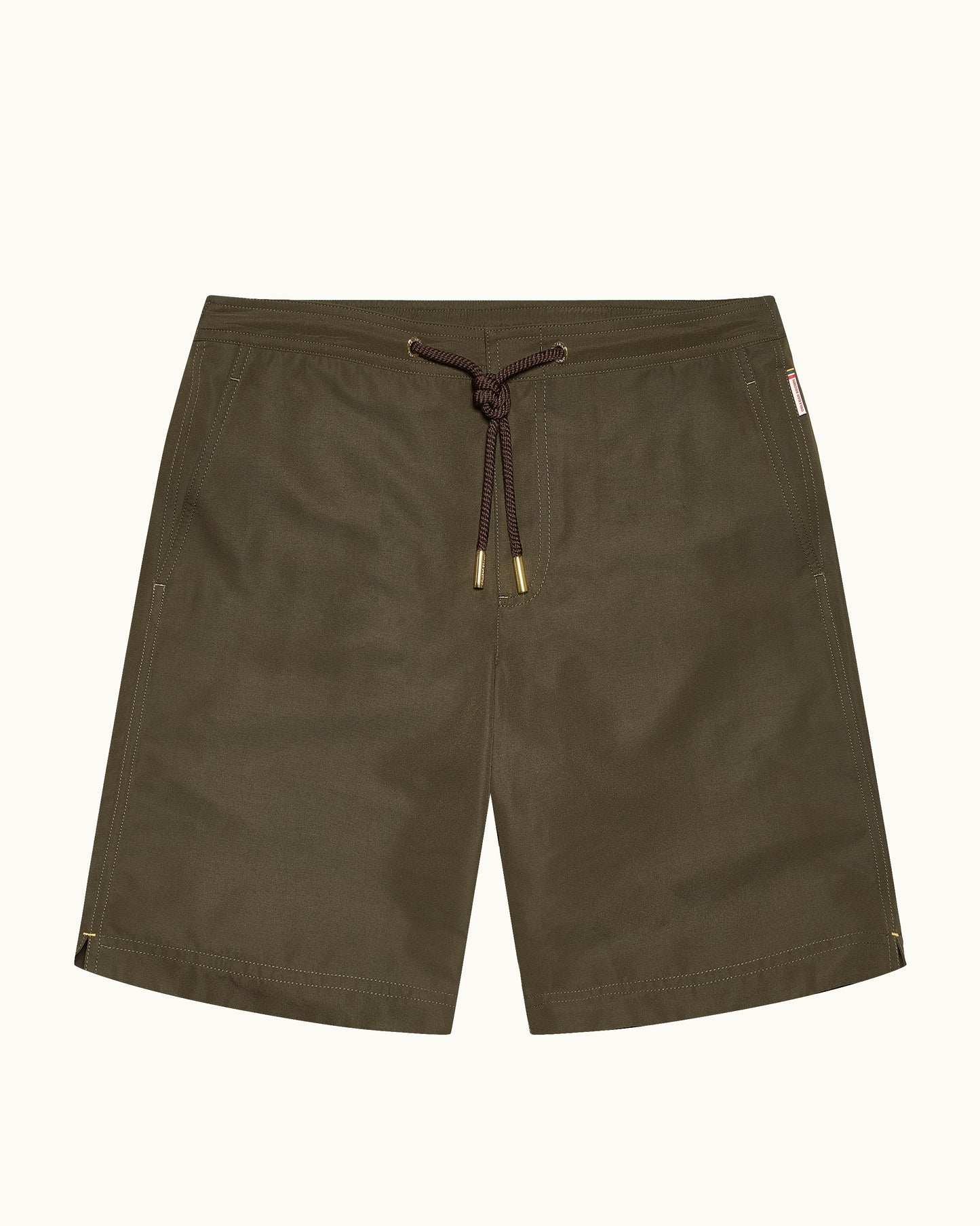 Brown shorts with a drawstring on a white background