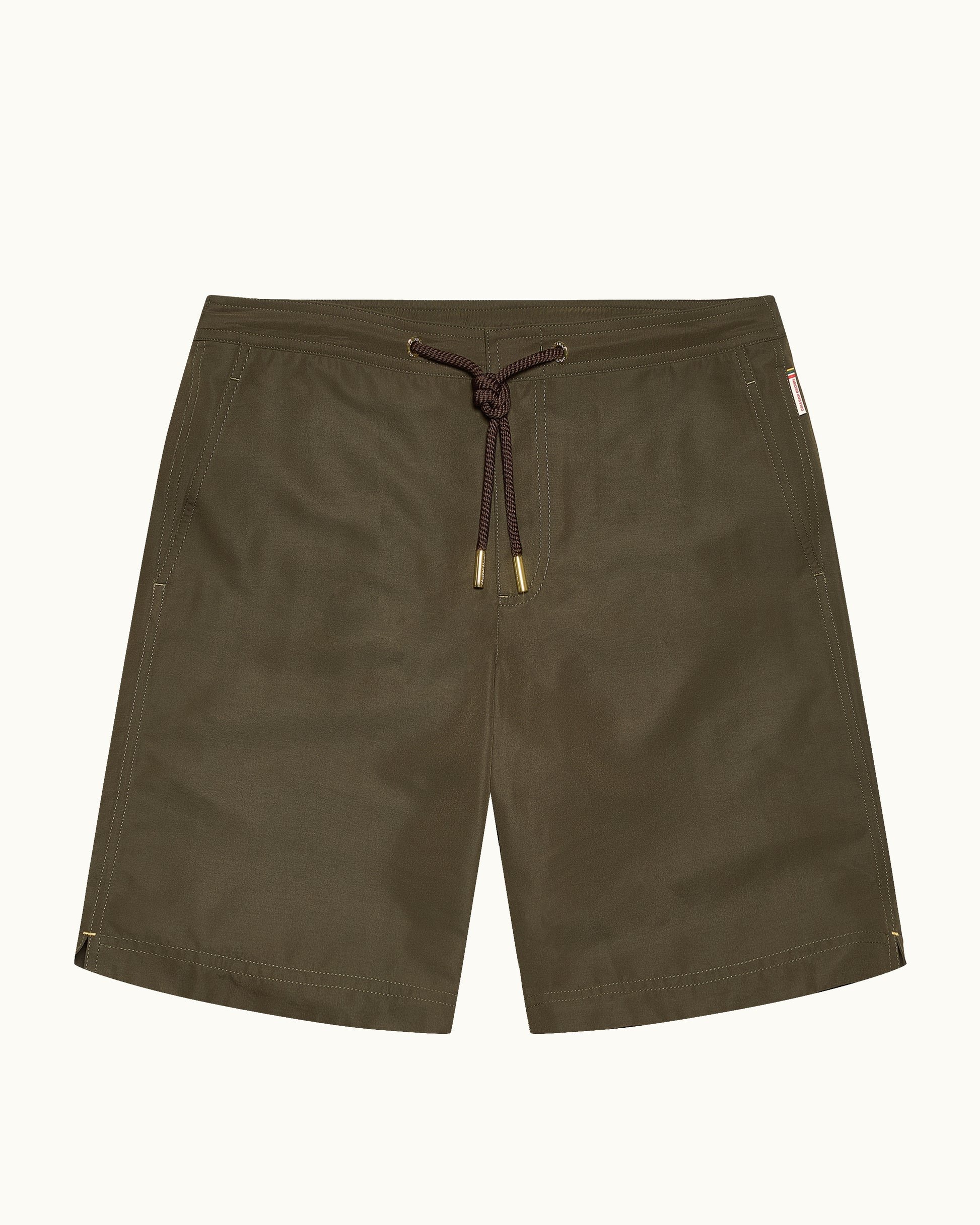 Brown shorts with a drawstring on a white background