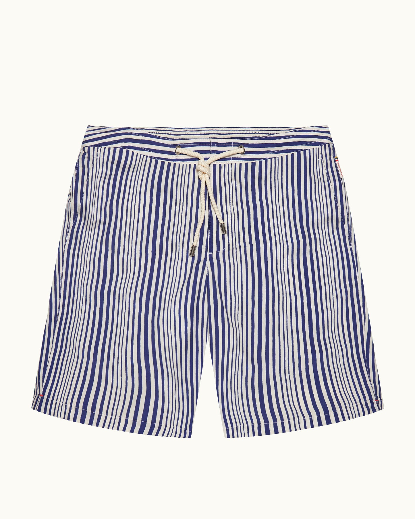Dane Drawcord - Longest-Length Shore Stripe Drawcord Swim Shorts In Blue/White Front View