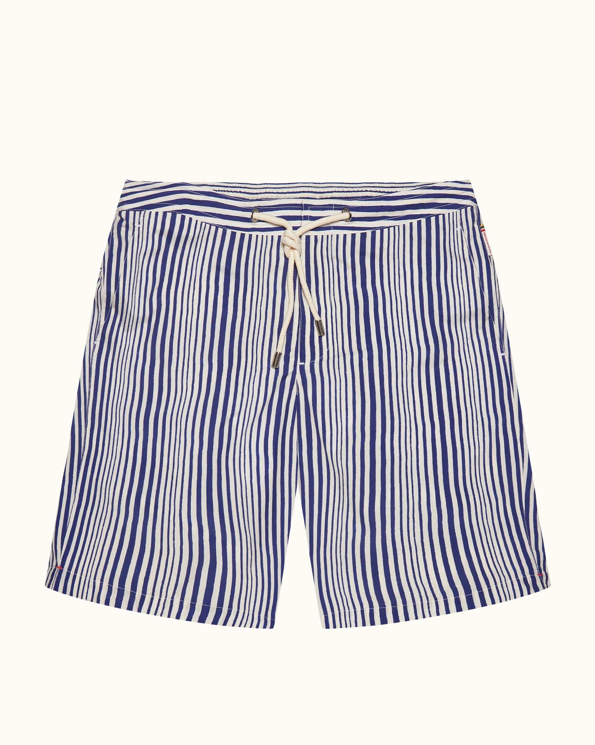 Dane Drawcord - Longest-Length Shore Stripe Drawcord Swim Shorts In Blue/White Front View