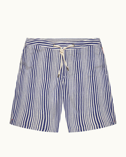 Dane Drawcord - Longest-Length Shore Stripe Drawcord Swim Shorts In Blue/White Front View
