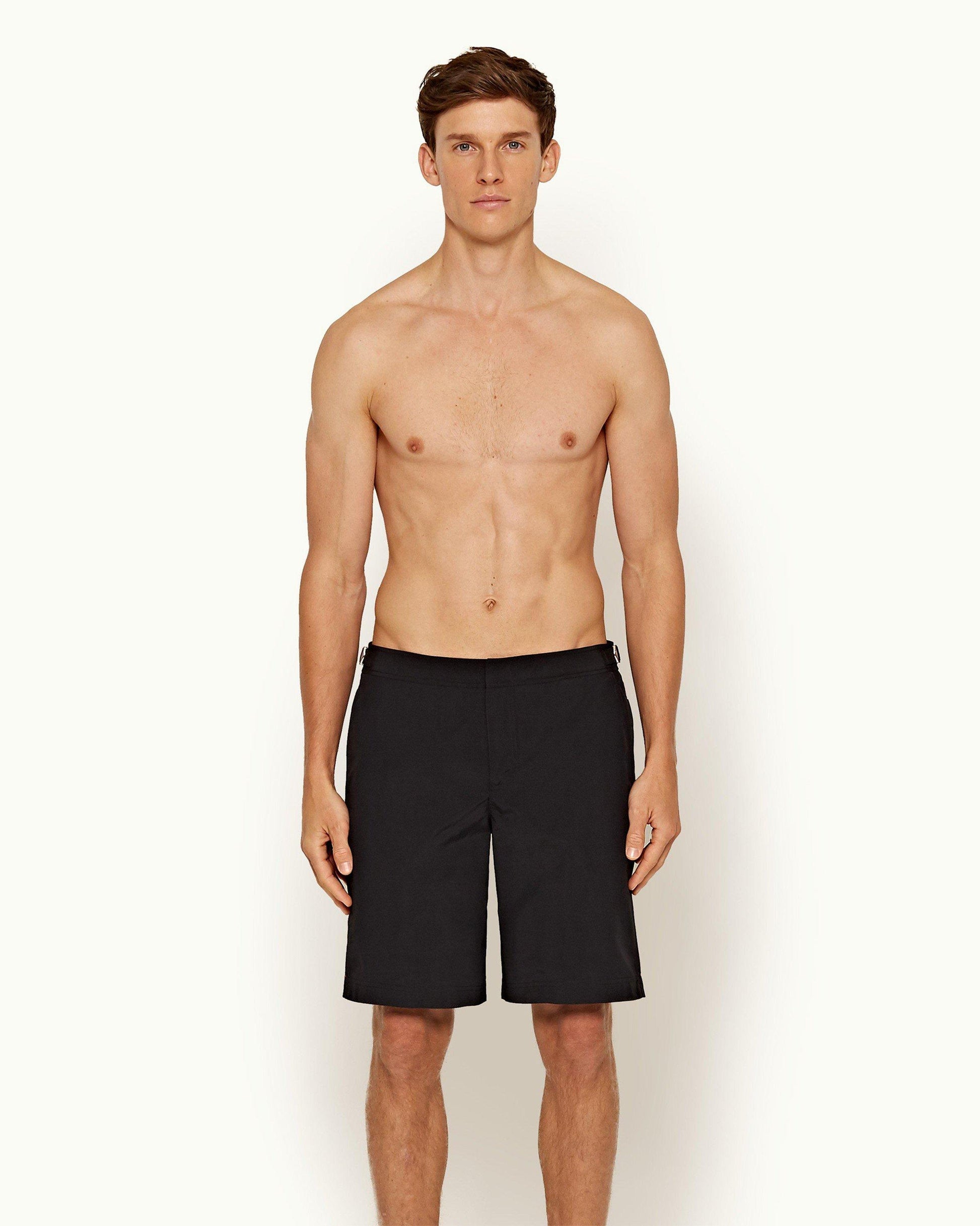 Dane - Mens Black Longest-Length Swim Shorts Front Model View