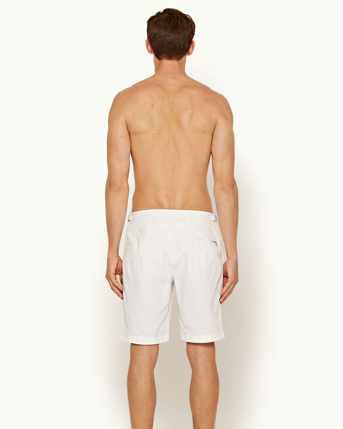 Dane - Mens White Longest-Length Swim Shorts Back Model View