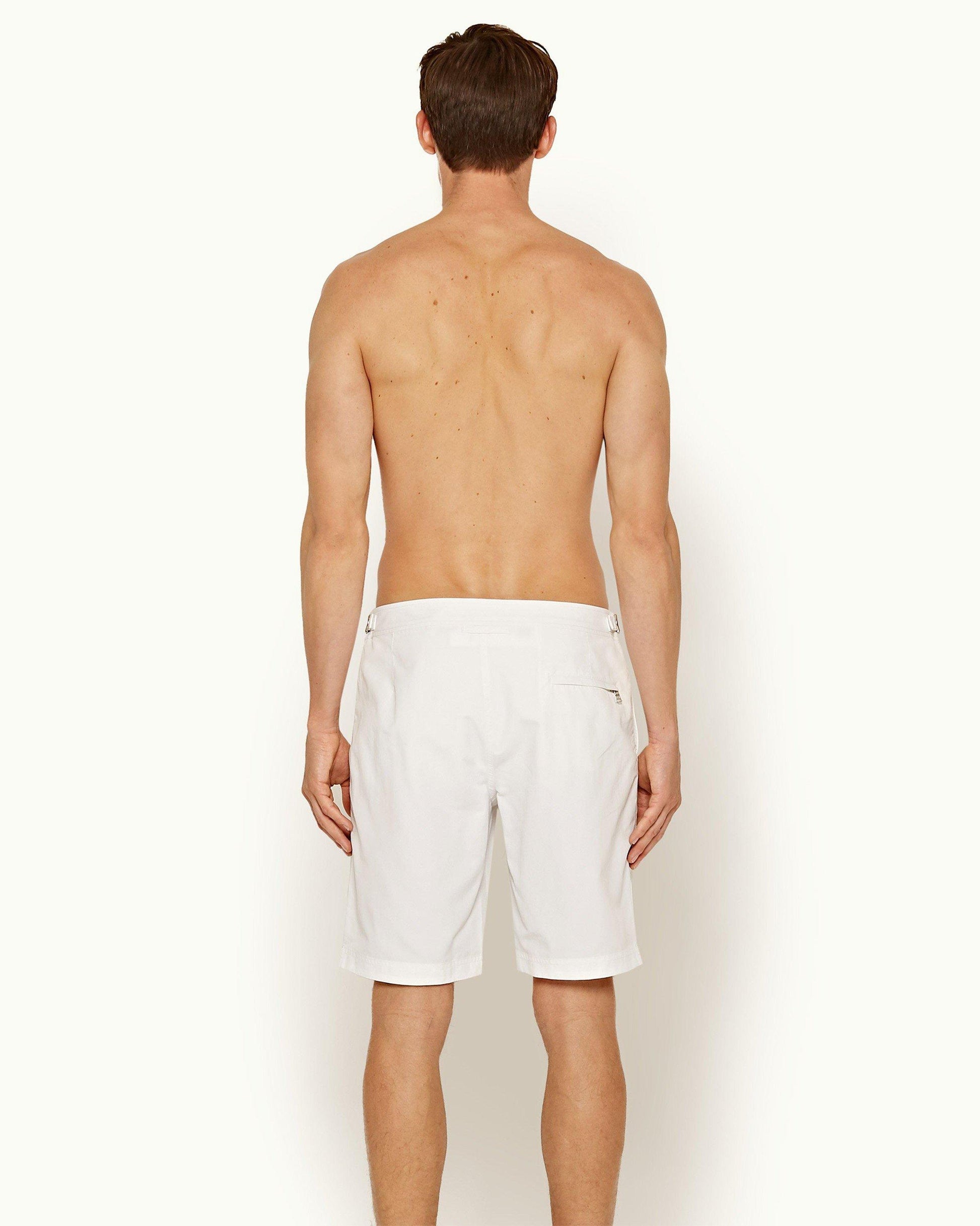 Dane - Mens White Longest-Length Swim Shorts Back Model View