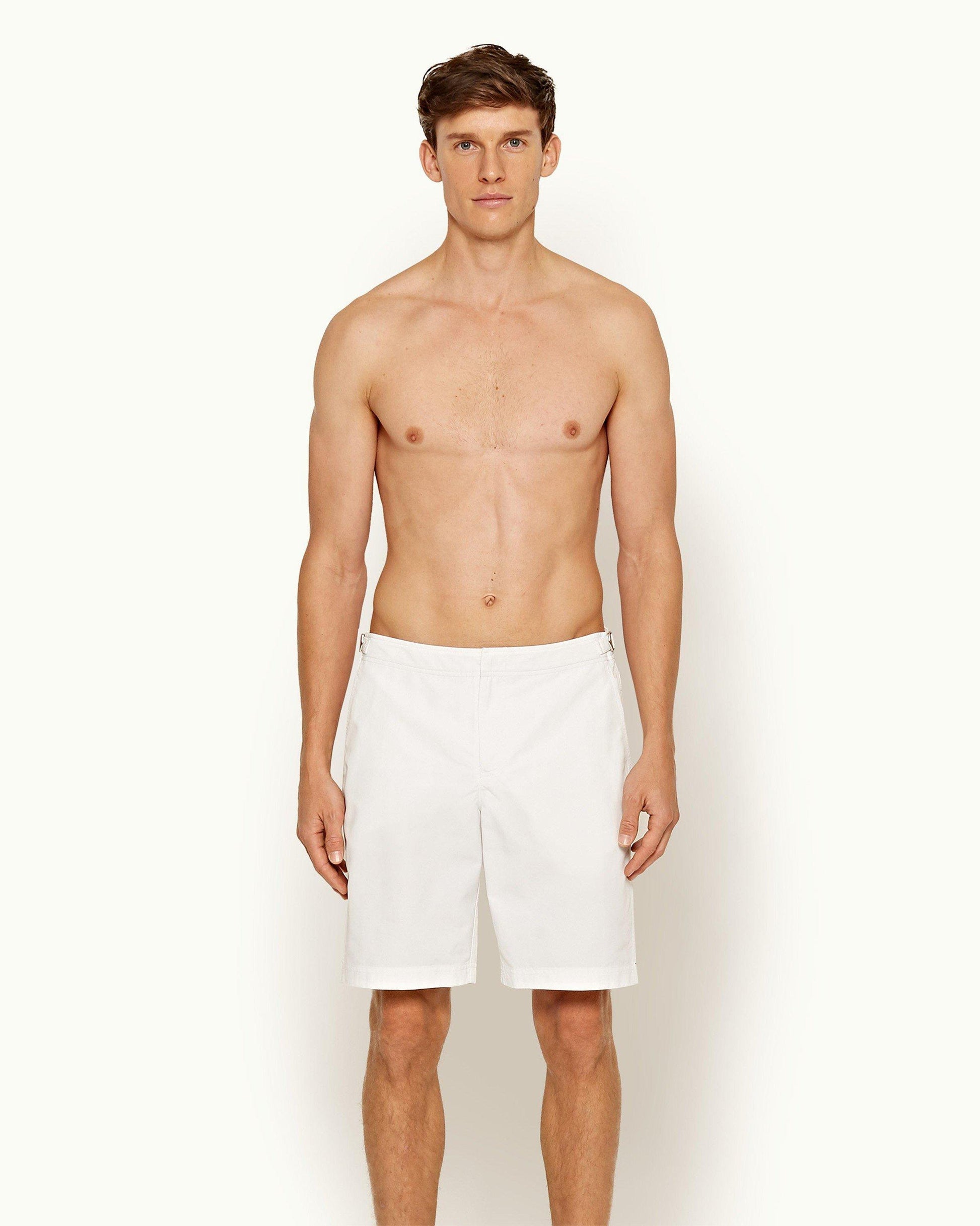 Dane - Mens White Longest-Length Swim Shorts Front Model View