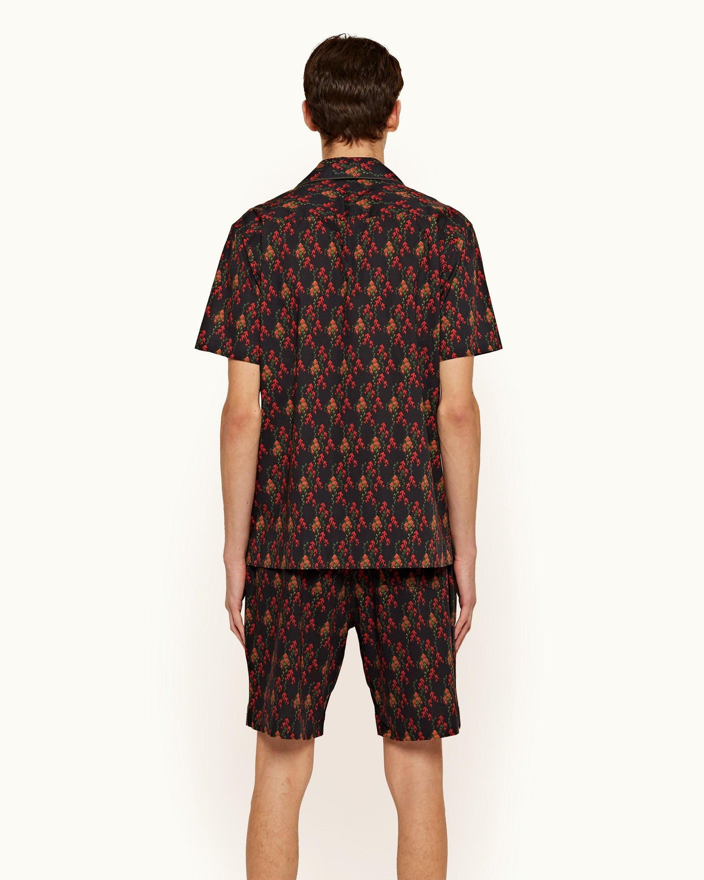 Devlin - Mens Black/Port Aquila Print Relaxed Fit Cotton Poplin Shorts Back Model View