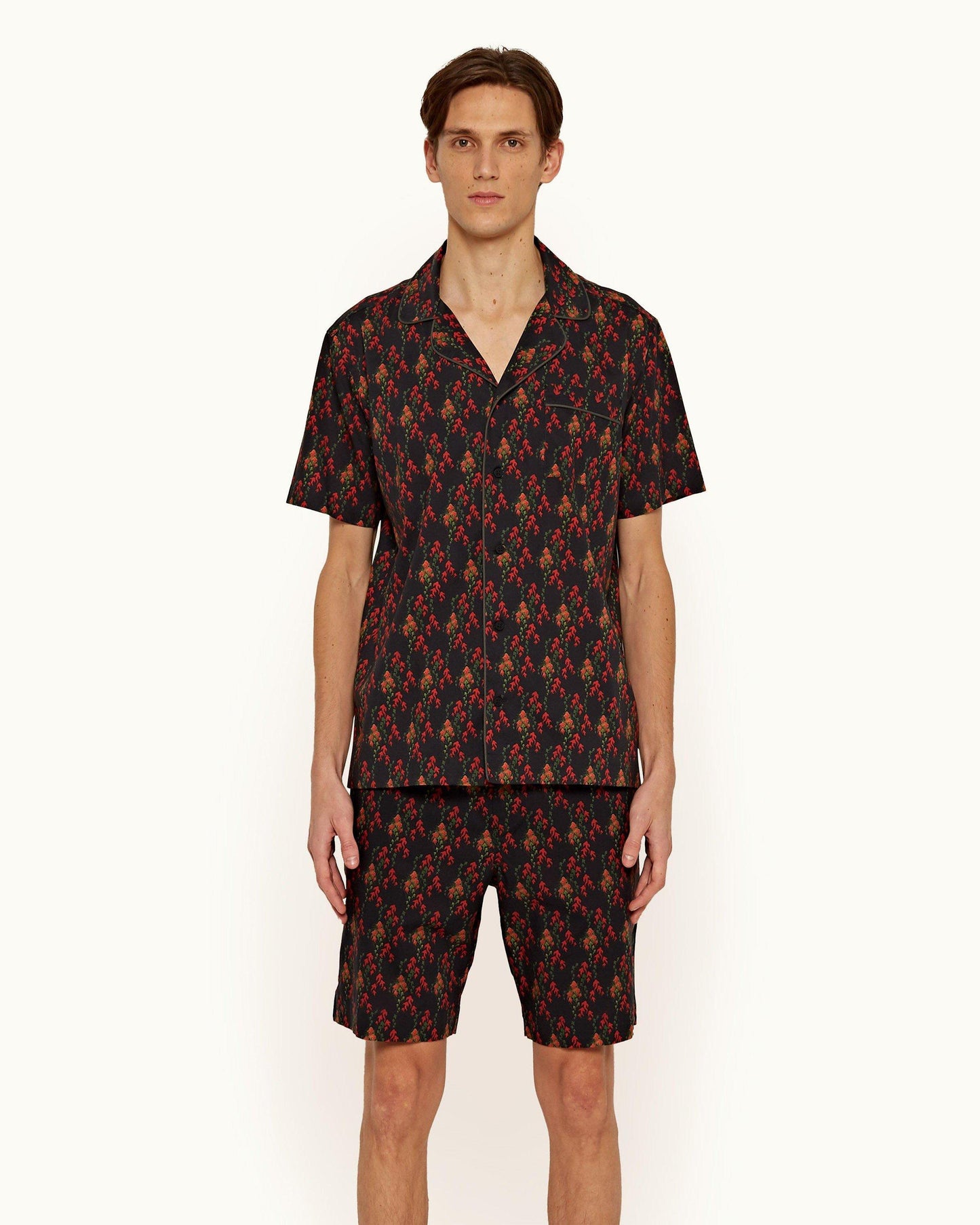 Devlin - Mens Black/Port Aquila Print Relaxed Fit Cotton Poplin Shorts Front Model View