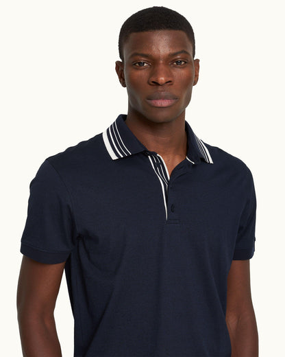 Dominic Stripe - Classic Fit Border Stripe Polo Shirt In Night Iris Blue Detail