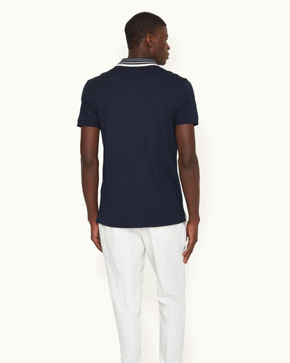 Dominic Stripe - Classic Fit Border Stripe Polo Shirt In Night Iris Blue Model Back
