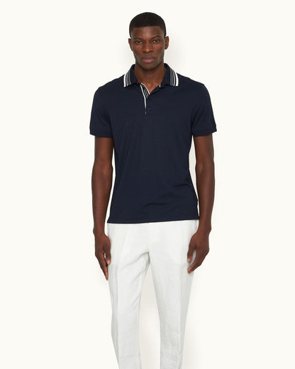 Dominic Stripe - Classic Fit Border Stripe Polo Shirt In Night Iris Blue Model Front