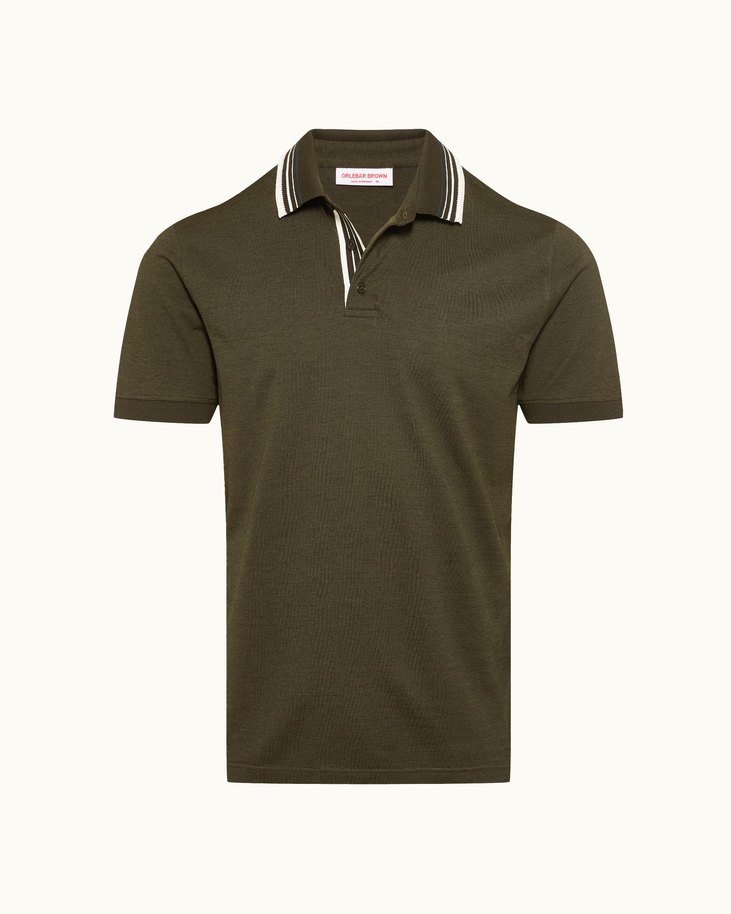Green polo shirt with white trim on a white background