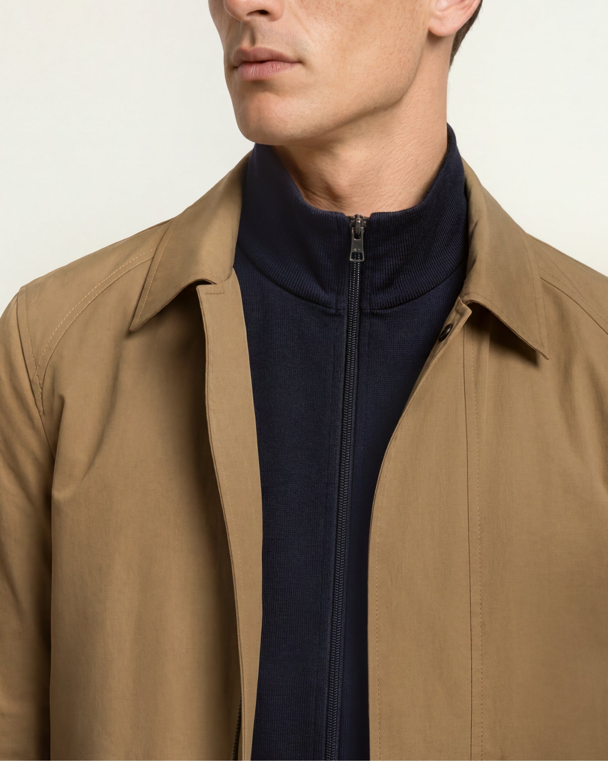 Close up of collar of the Dwight utility jacket in dijon