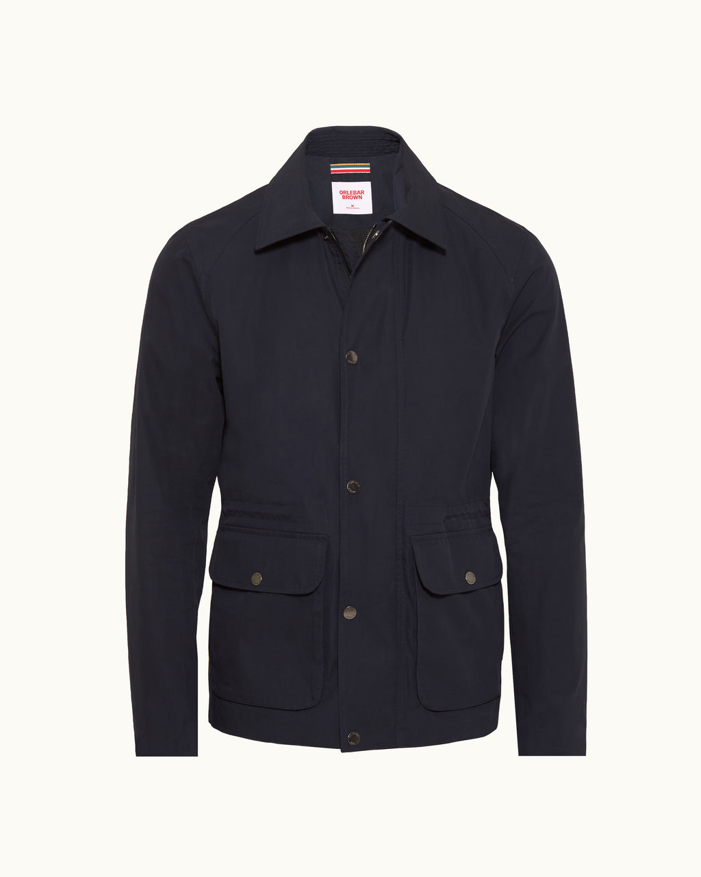 A dark navy blue utility jacket with a pointed collar, button front, and two front flap pockets, shown on a clean off-white background.