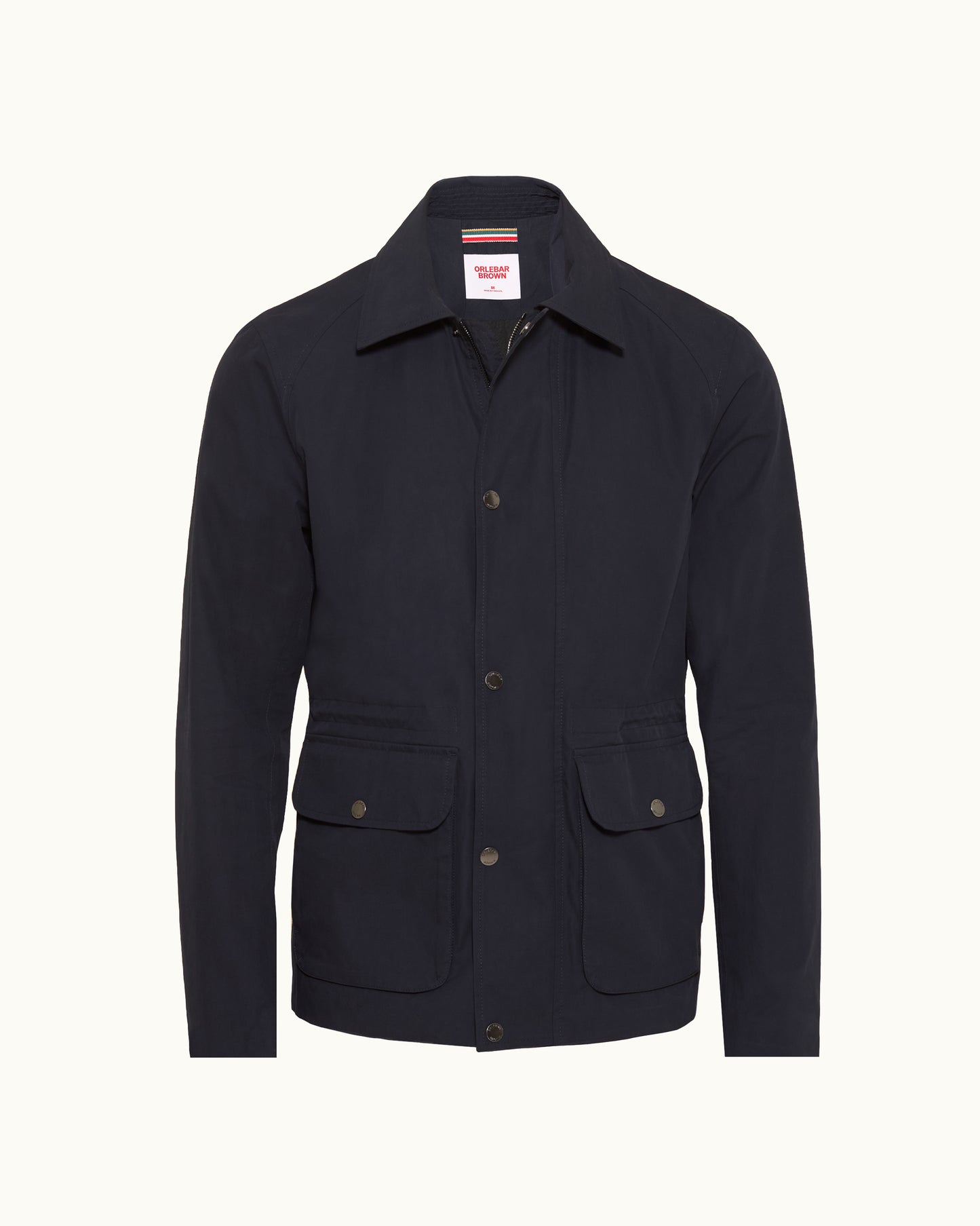 A dark navy blue utility jacket with a pointed collar, button front, and two front flap pockets, shown on a clean off-white background.