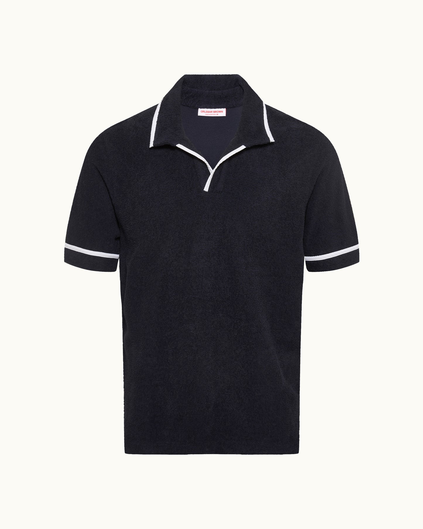 Black polo shirt with white trim on a white background