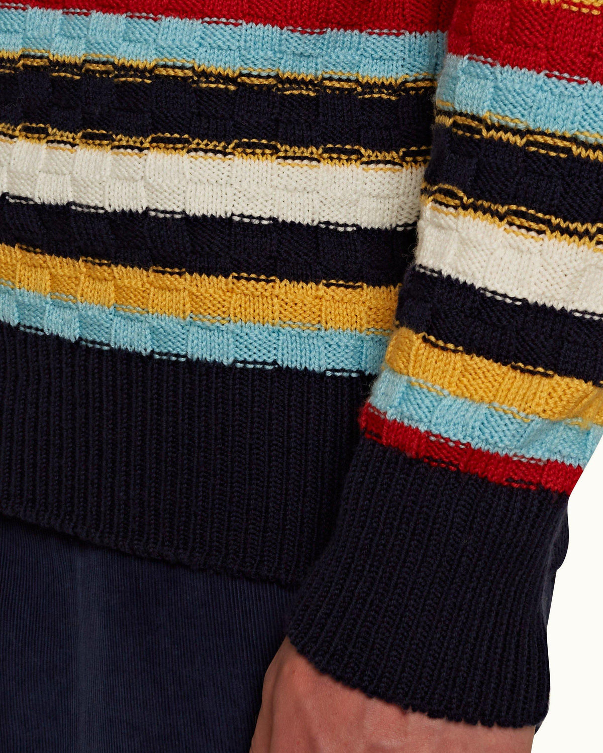 Ethan Stripe - Mens Volcanic Red/Dune Stripe Crew Neck Merino Jumper Detail 1 View