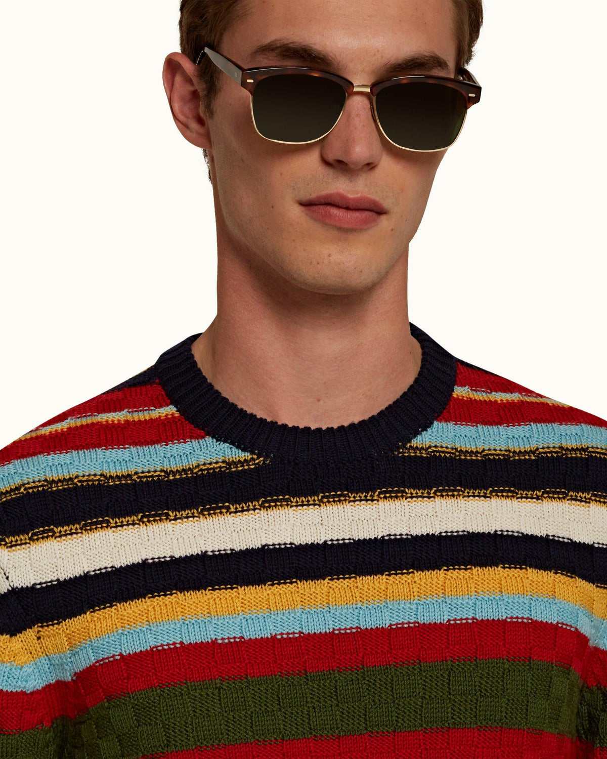 Ethan Stripe - Mens Volcanic Red/Dune Stripe Crew Neck Merino Jumper Detail View