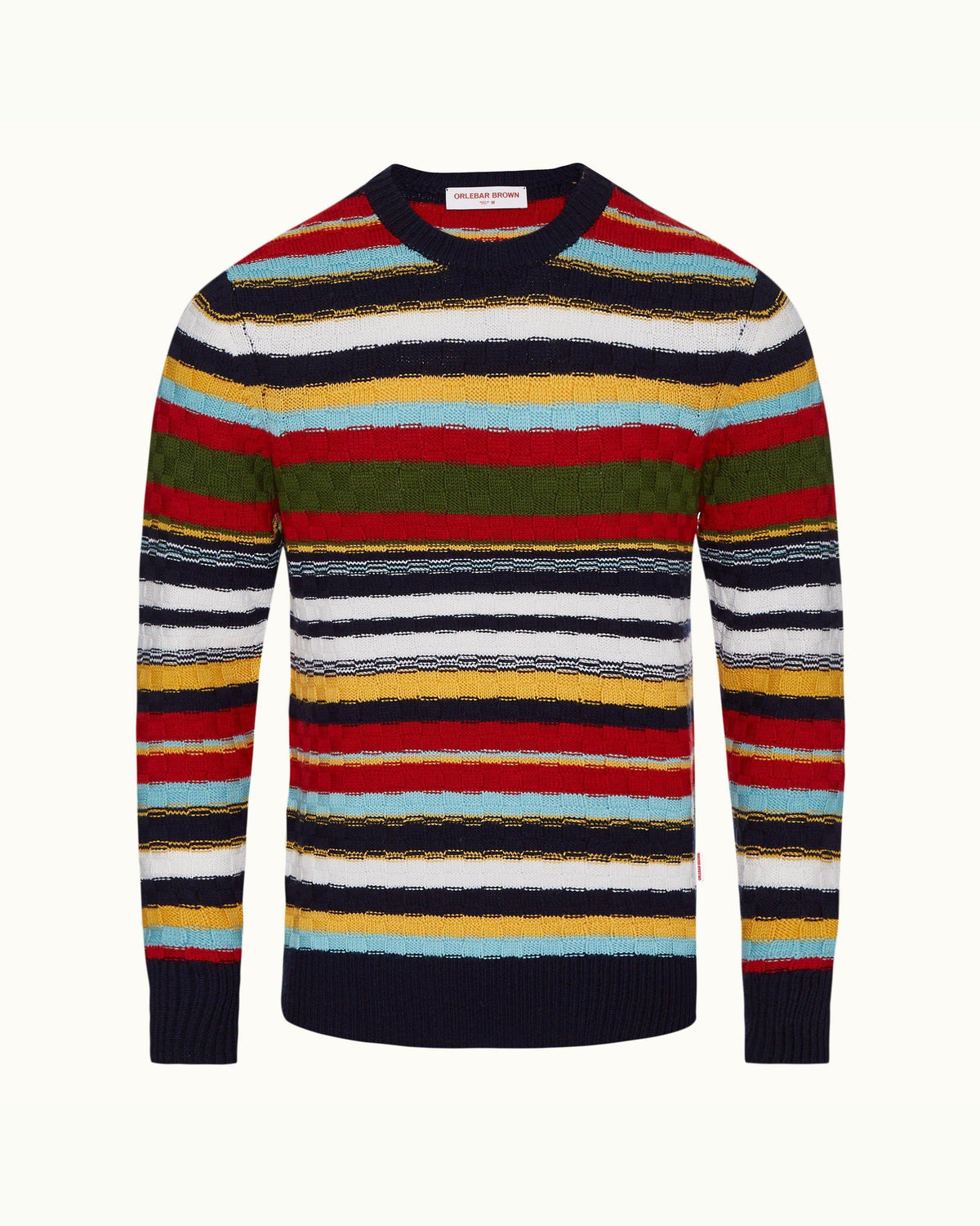Ethan Stripe - Mens Volcanic Red/Dune Stripe Crew Neck Merino Jumper Front View