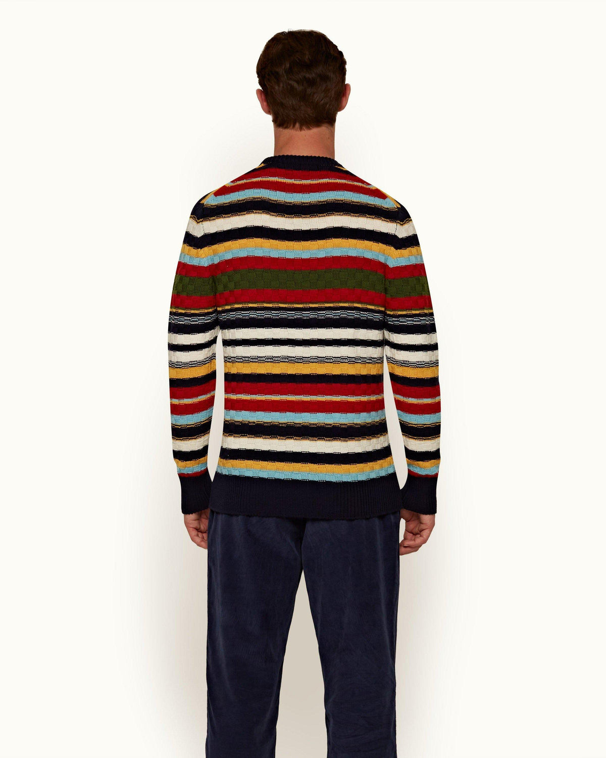 Ethan Stripe - Mens Volcanic Red/Dune Stripe Crew Neck Merino Jumper Back Model View