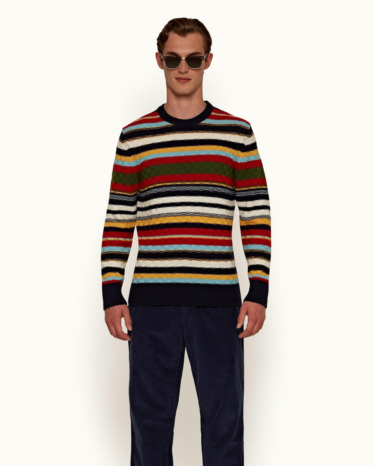Ethan Stripe - Mens Volcanic Red/Dune Stripe Crew Neck Merino Jumper Front Model View
