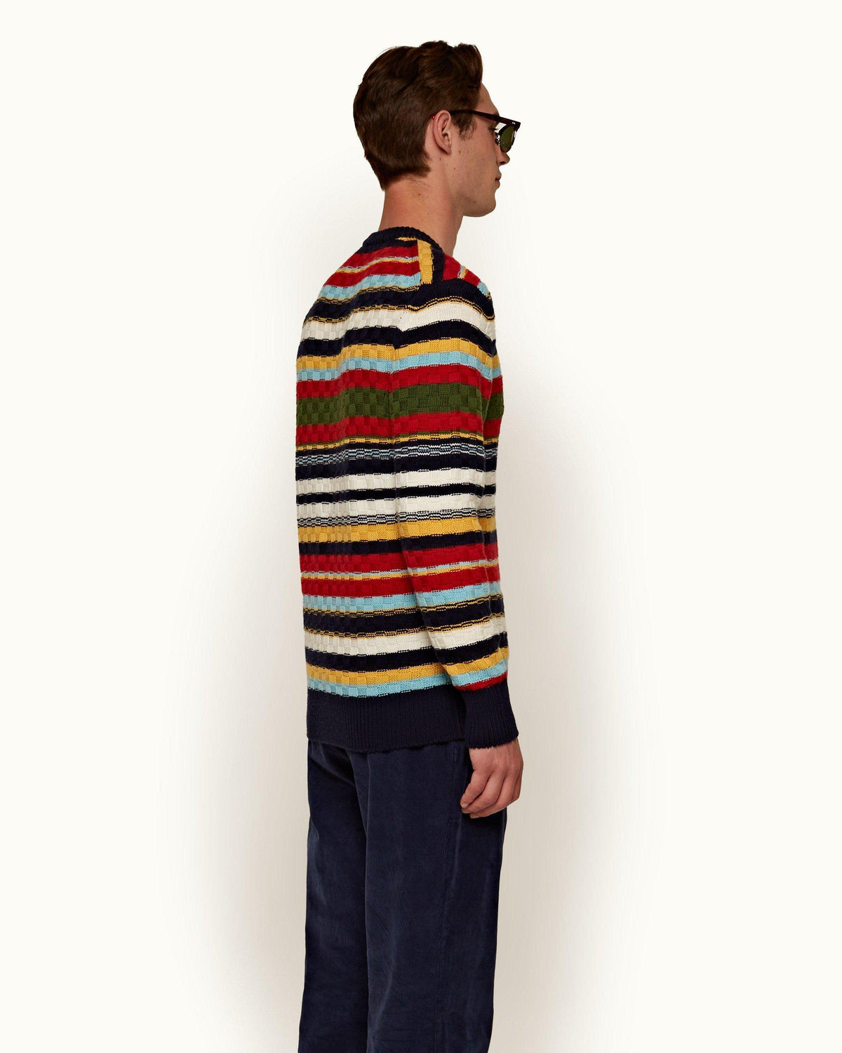 Ethan Stripe - Mens Volcanic Red/Dune Stripe Crew Neck Merino Jumper Right Angle Model View
