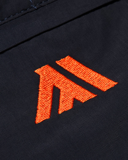 Orange logo on a black background