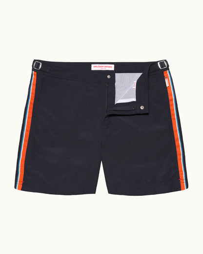 Navy shorts with orange stripes on a white background