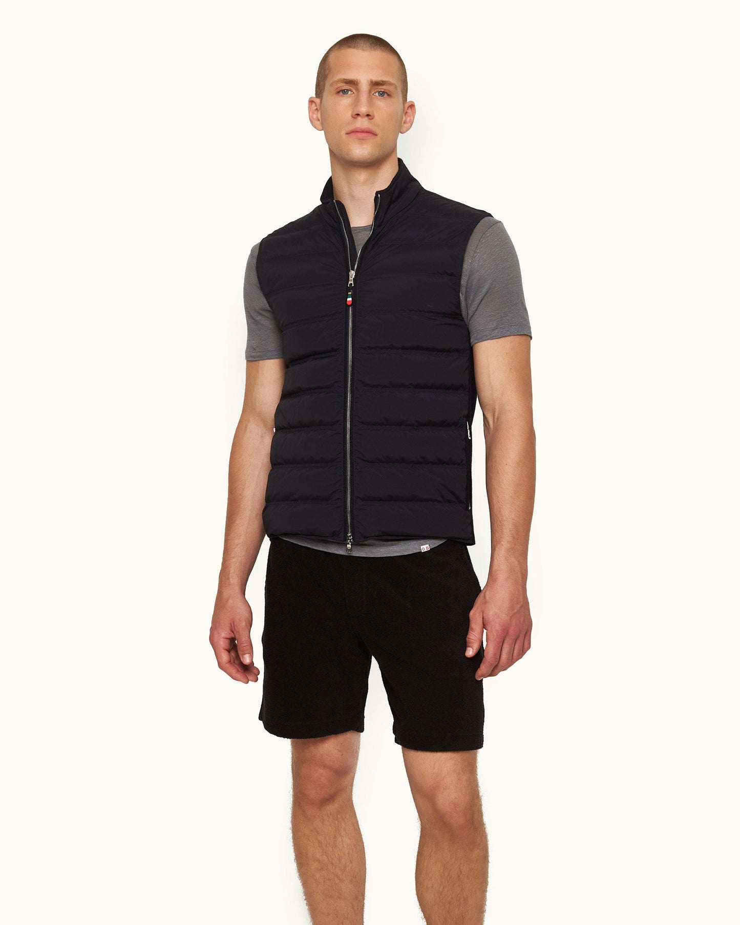 Fitzroy - Mens Night Iris Down-Fill Knitted Panel Gilet Front Model View