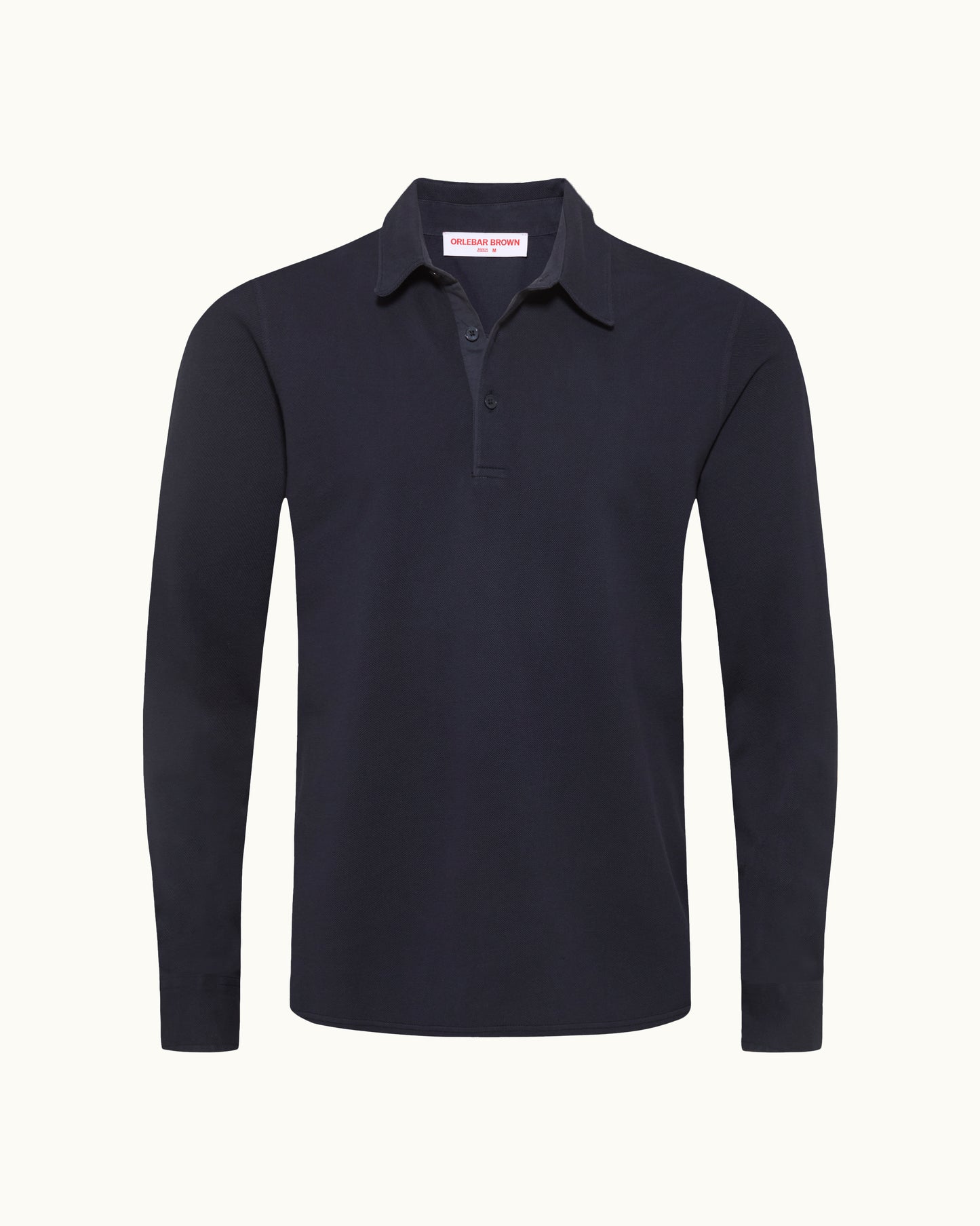 Navy long-sleeve polo shirt on a white background
