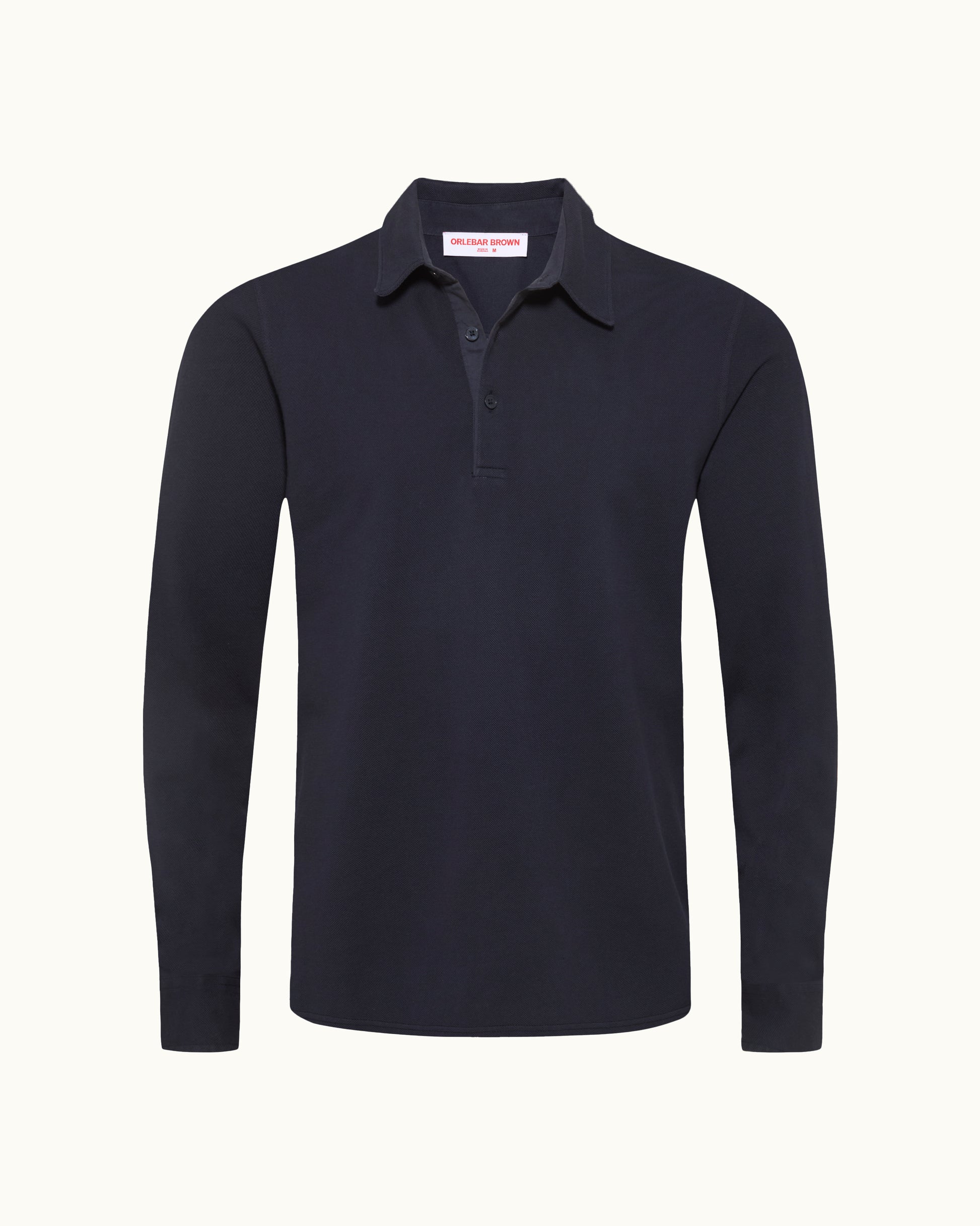 Navy long-sleeve polo shirt on a white background