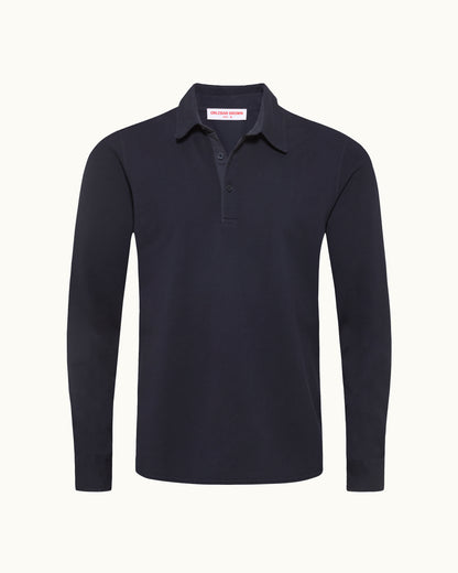 Navy long-sleeve polo shirt on a white background