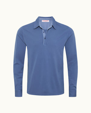 Blue long-sleeve polo shirt on a white background
