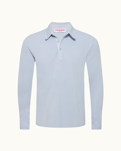 Light blue long-sleeve polo shirt on a white background