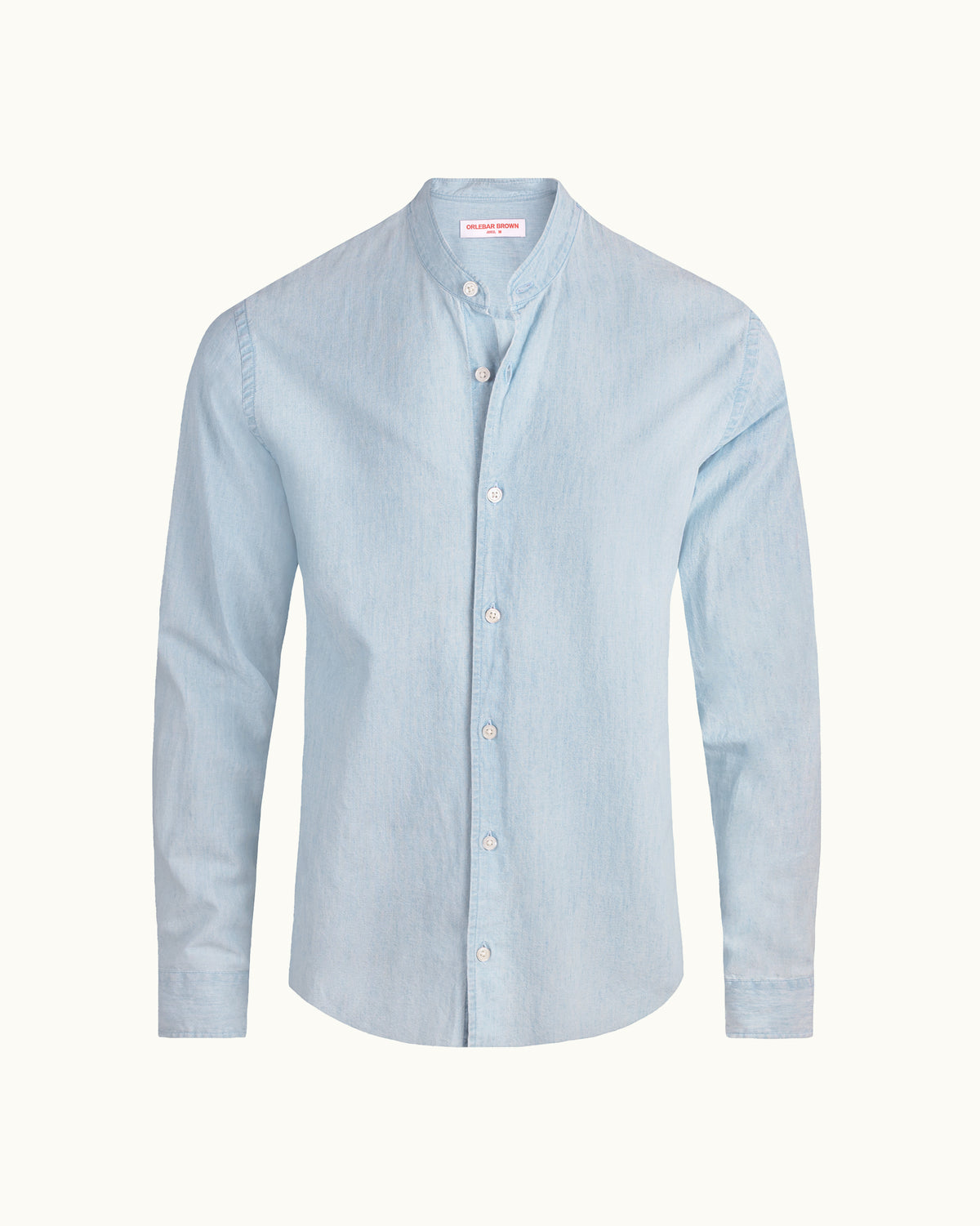 A light blue long-sleeve button-up shirt with a stand collar, shown on a white background.