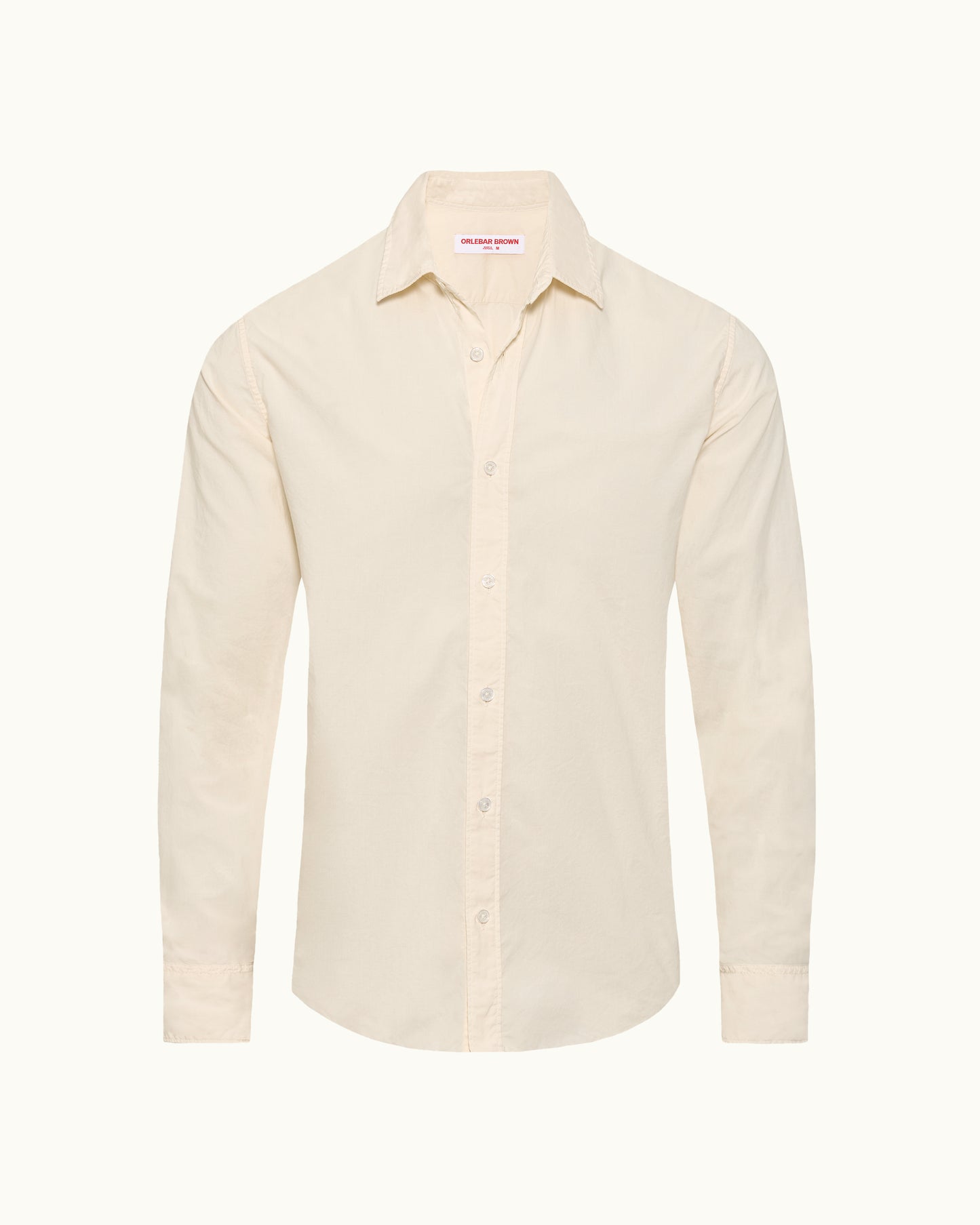 Beige button-up shirt on a white background