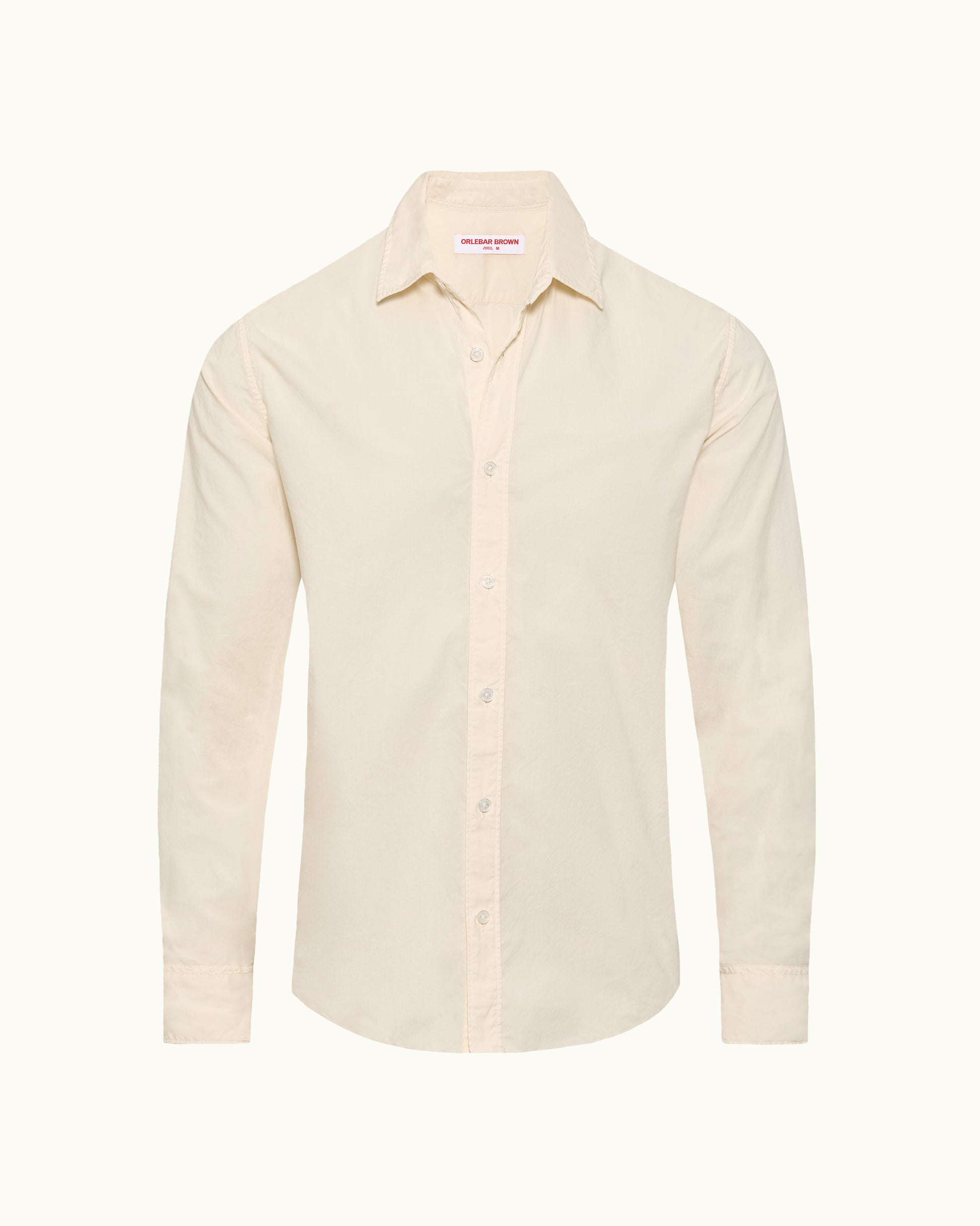 Beige button-up shirt on a white background