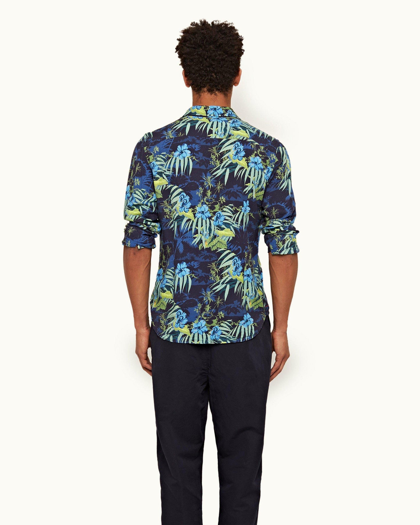 Giles Linen - Mens Night Iris Islet Print Classic Collar Shirt Back Model View