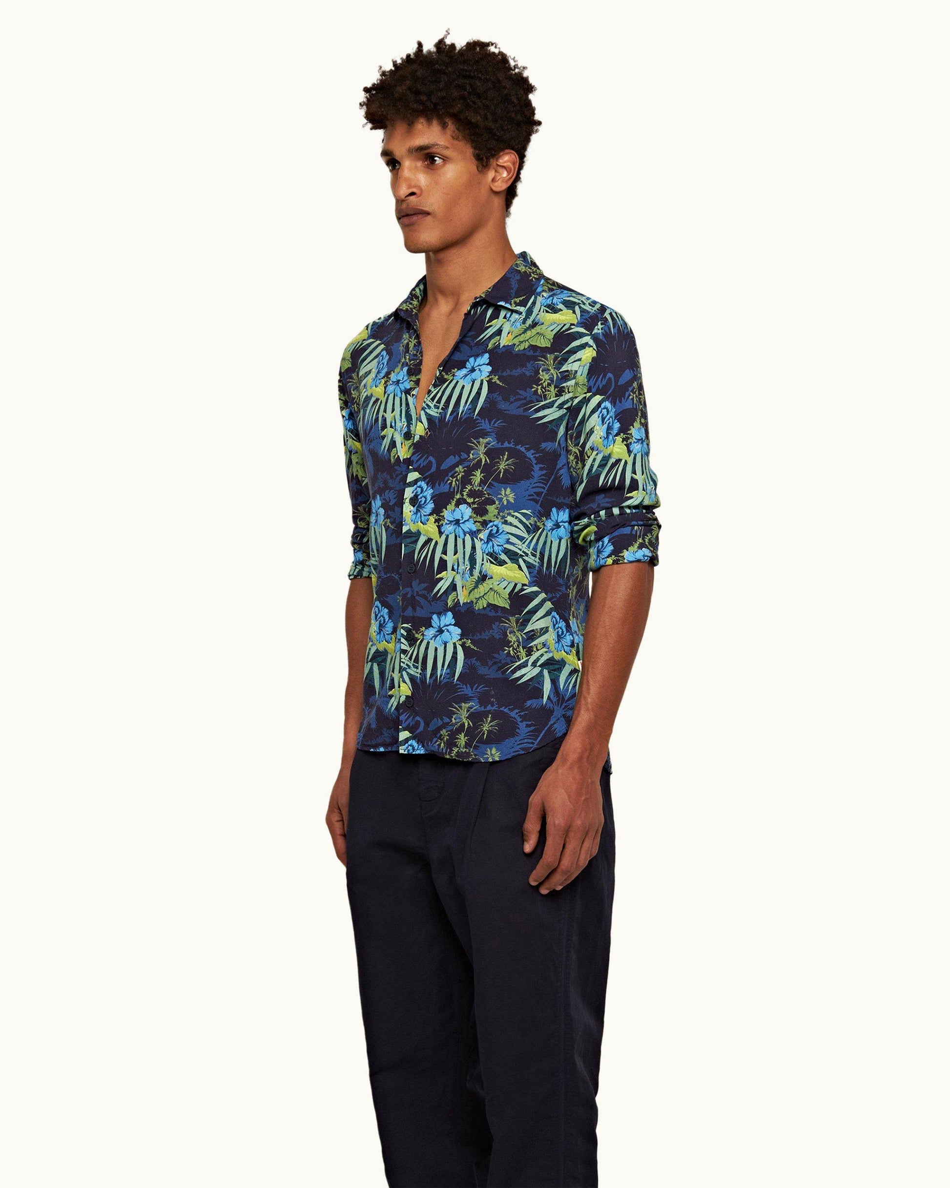 Giles Linen - Mens Night Iris Islet Print Classic Collar Shirt Left Angle Model View