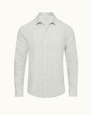 Giles Linen - Tailored Fit Classic Collar Long-Sleeve Lightweight Linen Shirt in White Jade/White Front